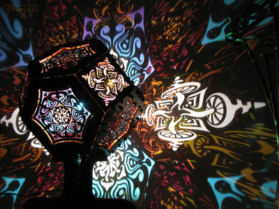 Geometric wooden shadow lamp by pranaya design and y0y0art with mushroom mandala