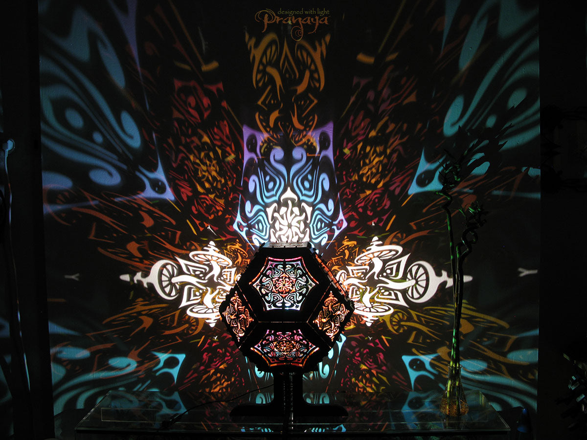 Geometric wooden shadow lamp by pranaya design and y0y0art with mushroom mandala