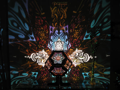 Geometric wooden shadow lamp by pranaya design and y0y0art with mushroom mandala