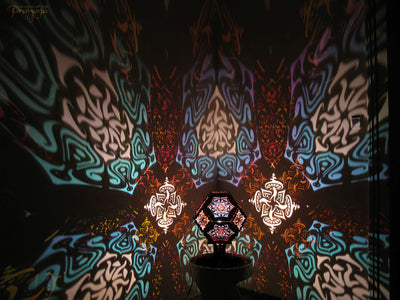 Geometric wooden shadow lamp by pranaya design and y0y0art with mushroom mandala