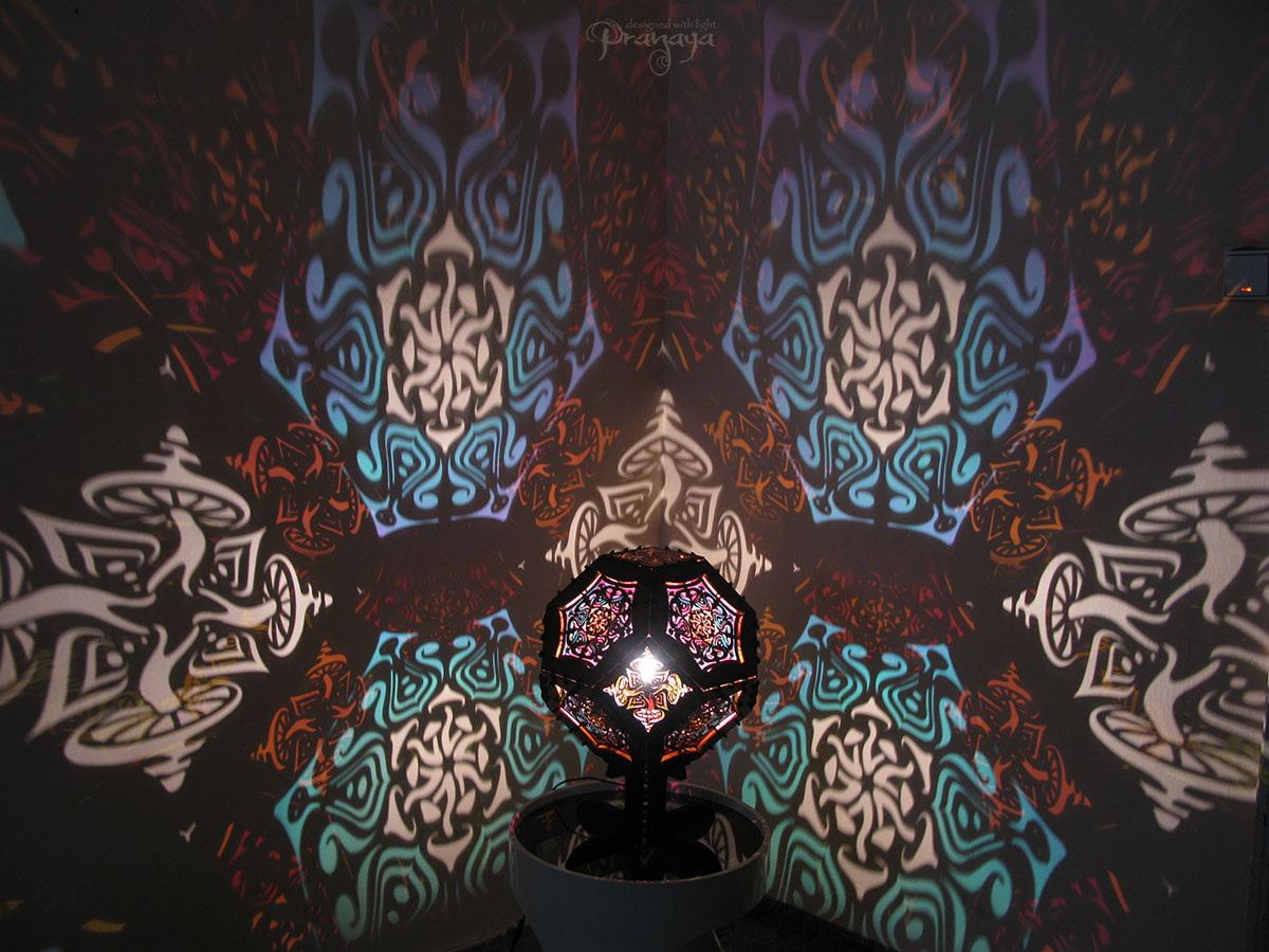 Geometric wooden shadow lamp by pranaya design and y0y0art with mushroom mandala