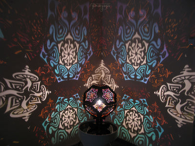 Geometric wooden shadow lamp by pranaya design and y0y0art with mushroom mandala