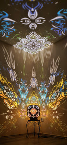 Psychedelic wooden geometric shadow lamp that projects colorful trippy shadows onto the walls