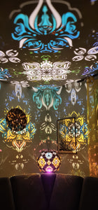 Psychedelic wooden geometric shadow lamp that projects colorful trippy shadows onto the walls