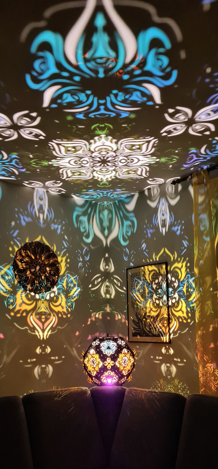 Psychedelic wooden geometric shadow lamp that projects colorful trippy shadows onto the walls