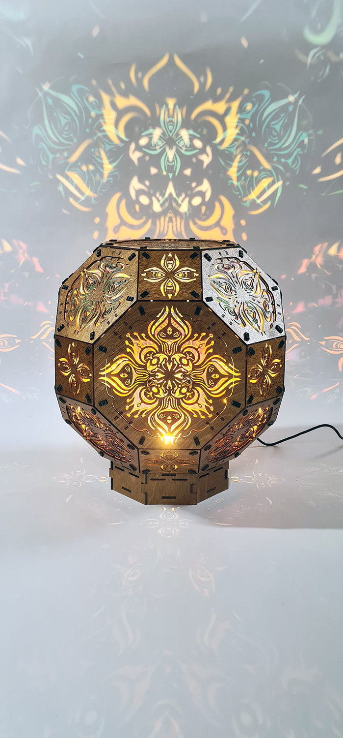 Psychedelic wooden geometric shadow lamp that projects colorful trippy shadows onto the walls