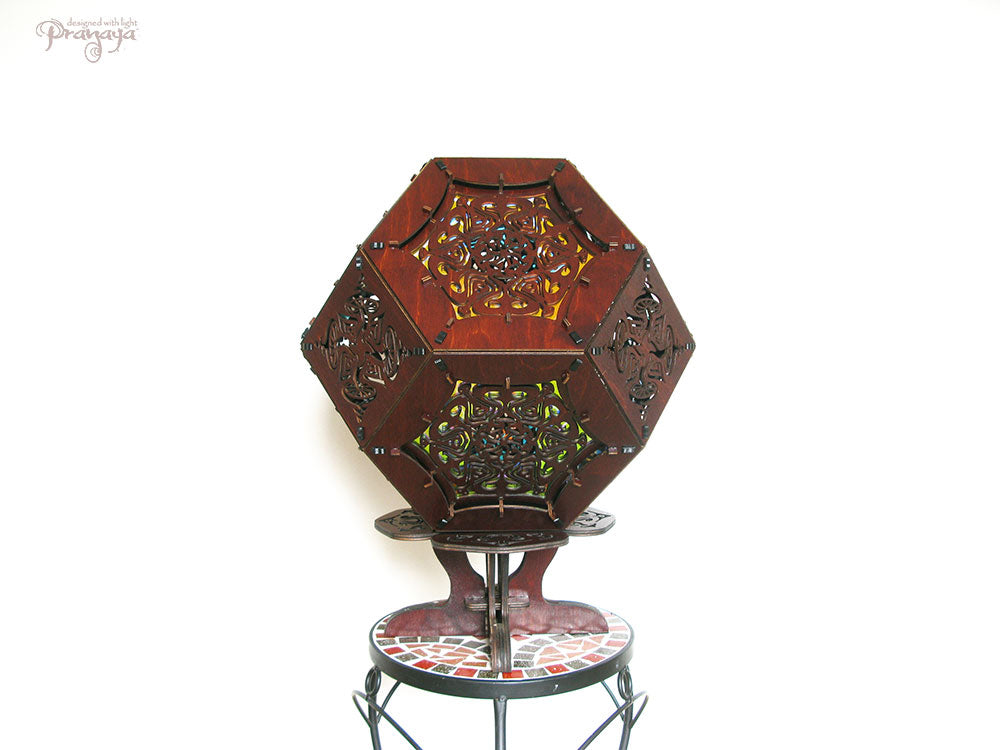 Geometric wooden shadow lamp by pranaya design and y0y0art with mushroom mandala