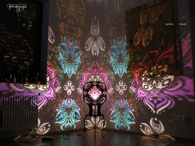 pranaya design and y0y0art's geometric wooden shadow lamp projecting trippy organic shadows across the walls