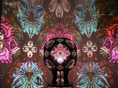 pranaya design and y0y0art's geometric wooden shadow lamp projecting trippy organic shadows across the walls