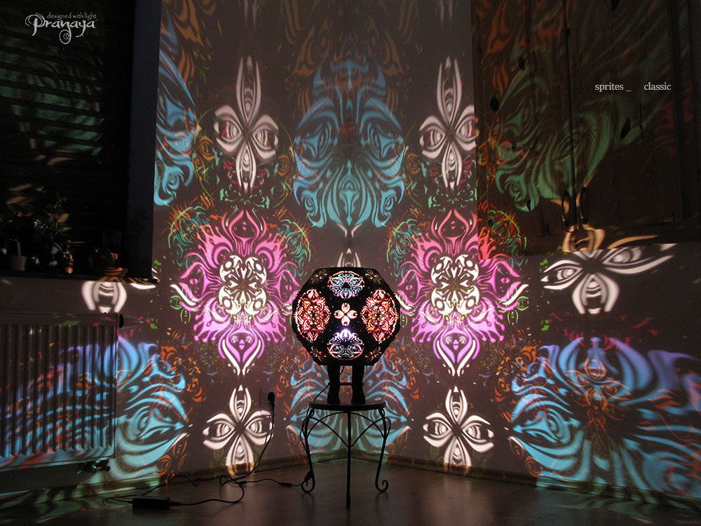 pranaya design and y0y0art's geometric wooden shadow lamp projecting trippy organic shadows across the walls