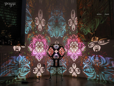 pranaya design and y0y0art's geometric wooden shadow lamp projecting trippy organic shadows across the walls