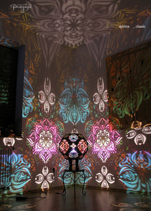 pranaya design and y0y0art's geometric wooden shadow lamp projecting trippy organic shadows across the walls