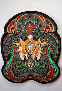 Layered paper art of forest spirit with foxes, mushrooms, and acorn, symbolizing growth, nature’s energy, and oneness.