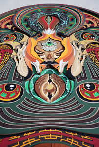 Layered paper art of forest spirit with foxes, mushrooms, and acorn, symbolizing growth, nature’s energy, and oneness.