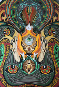 Visionary paper art of forest guardian holding an acorn, surrounded by foxes and mushrooms, evoking nature’s sacred cycle.