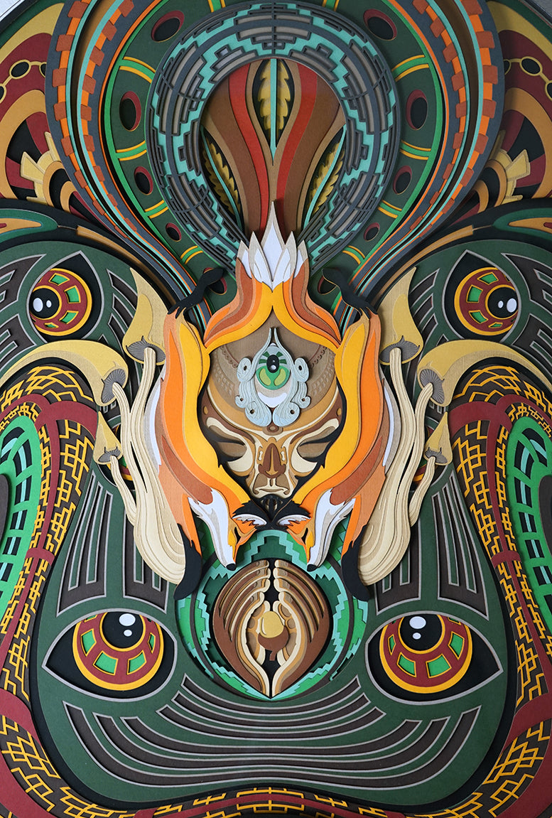 Visionary paper art of forest guardian holding an acorn, surrounded by foxes and mushrooms, evoking nature’s sacred cycle.