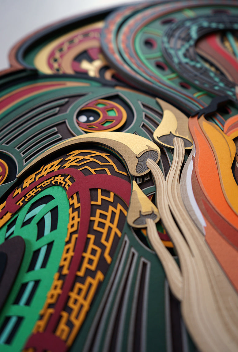 Visionary paper art of forest guardian holding an acorn, surrounded by foxes and mushrooms, evoking nature’s sacred cycle.