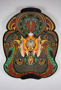 Layered paper art of forest spirit with foxes, mushrooms, and acorn, symbolizing growth, nature’s energy, and oneness.