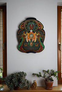 Layered paper art of forest spirit with foxes, mushrooms, and acorn, symbolizing growth, nature’s energy, and oneness.