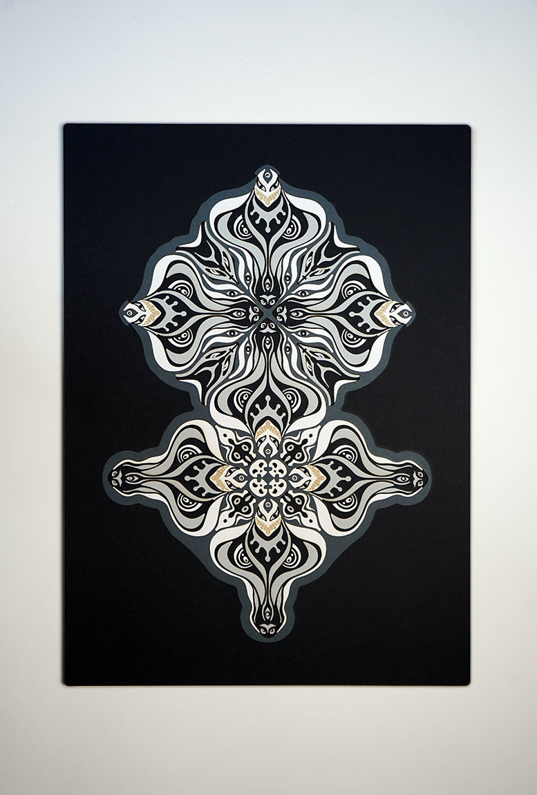 Layered grayscale paper artwork from the Metamorphs series where mandala geometry shifts into creature like spirits.