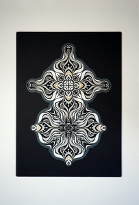 Layered grayscale paper artwork from the Metamorphs series where mandala geometry shifts into creature like spirits.