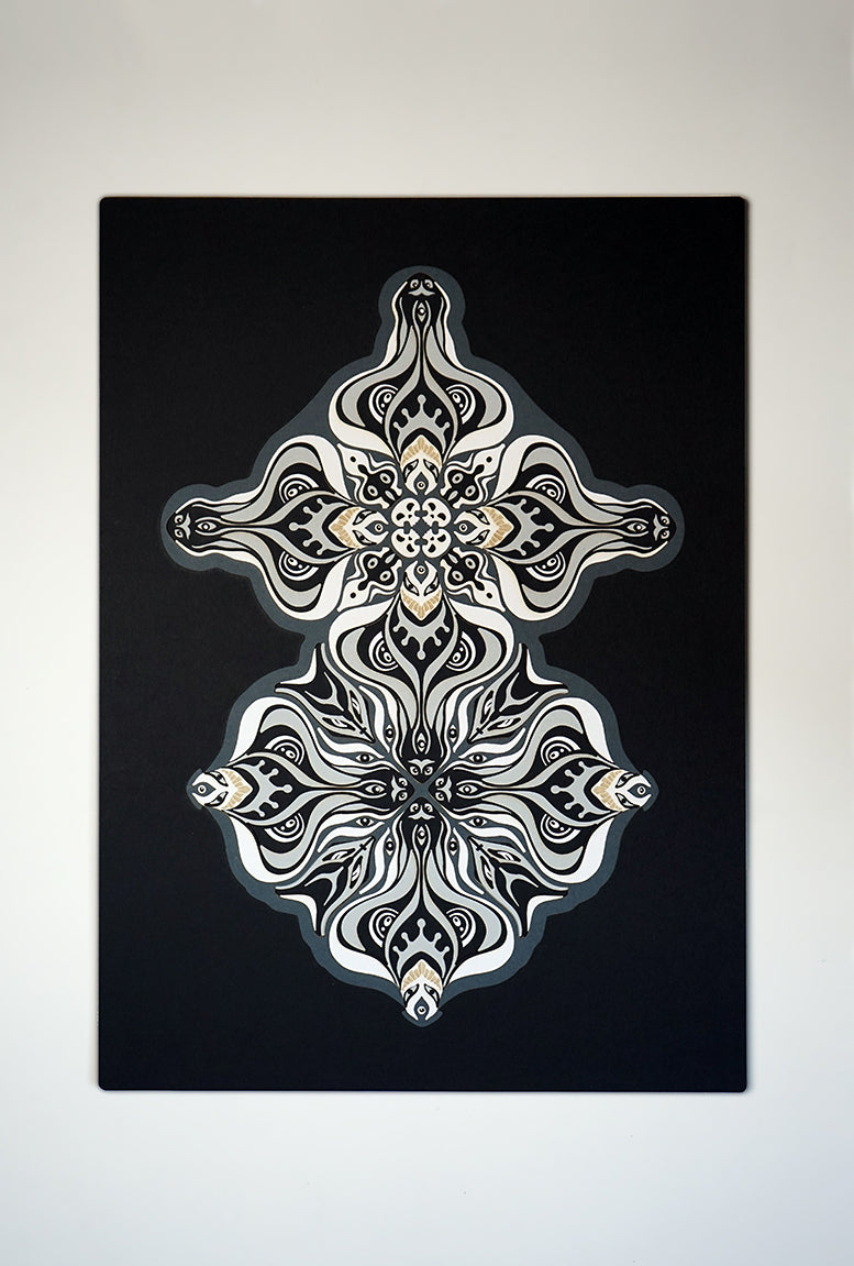 Layered grayscale paper artwork from the Metamorphs series where mandala geometry shifts into creature like spirits.