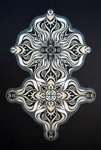 Layered grayscale paper artwork from the Metamorphs series where mandala geometry shifts into creature like spirits.
