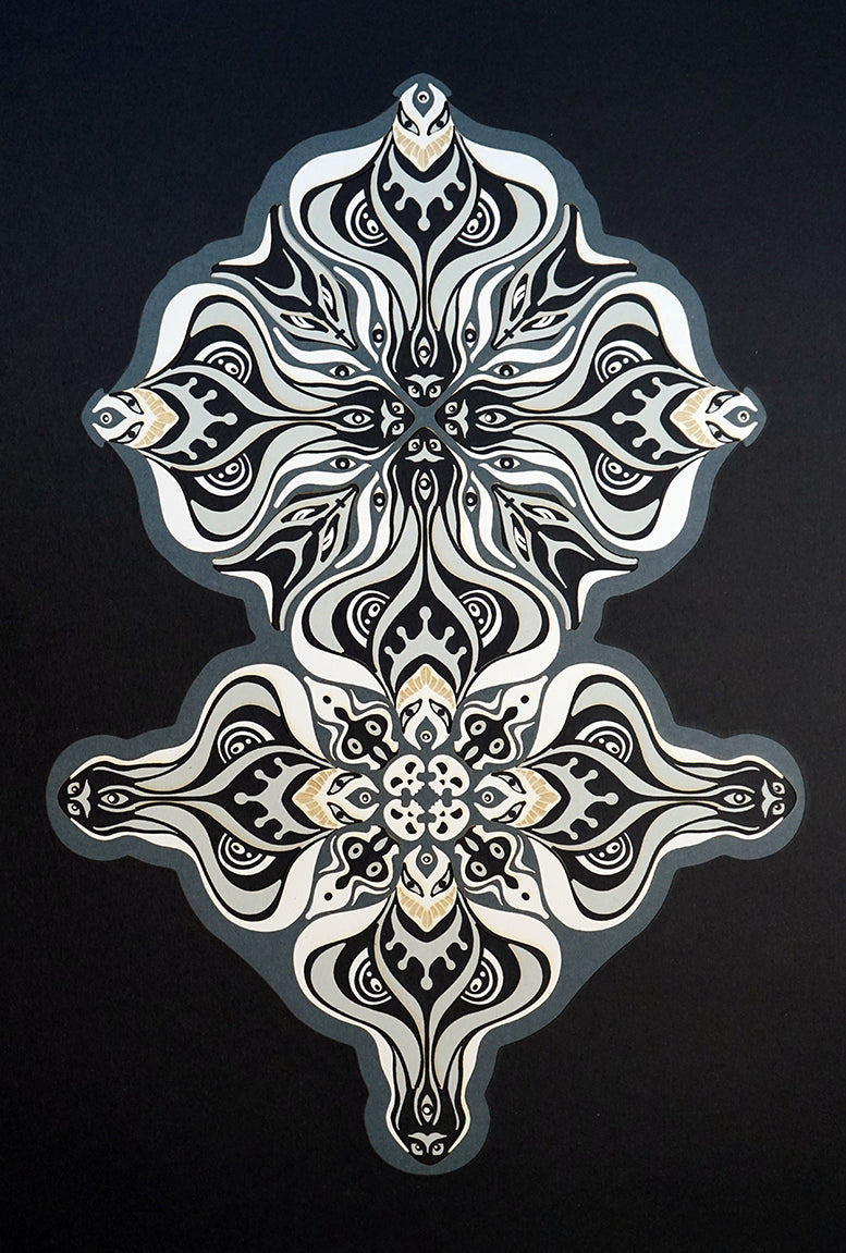 Layered grayscale paper artwork from the Metamorphs series where mandala geometry shifts into creature like spirits.