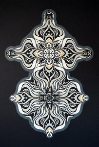 Layered grayscale paper artwork from the Metamorphs series where mandala geometry shifts into creature like spirits.
