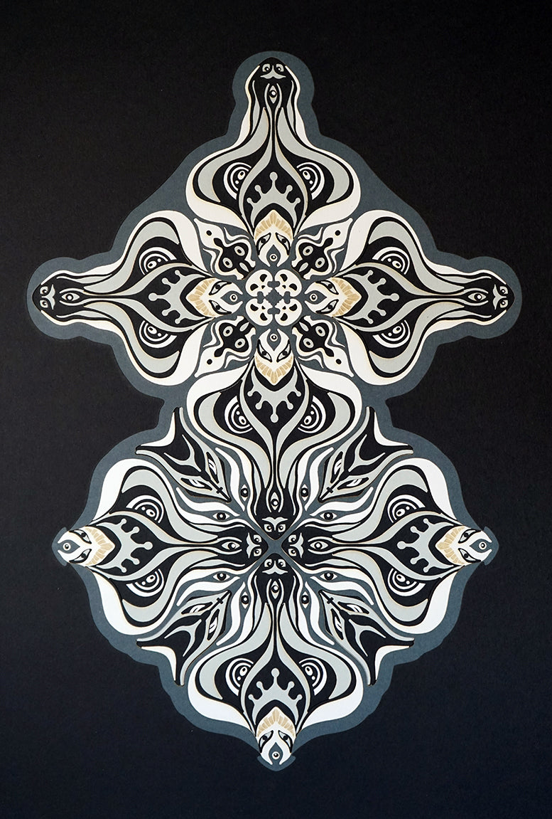 Layered grayscale paper artwork from the Metamorphs series where mandala geometry shifts into creature like spirits.