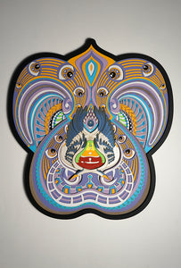 Visionary papercut artwork of a meditating figure with chakras and herons, representing oneness, enlightenment, and cosmic flow.