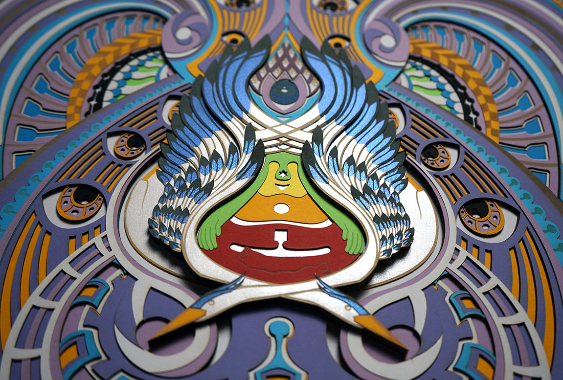 Visionary papercut artwork of a meditating figure with chakras and herons, symbolizing unity, awareness, and transcendence.