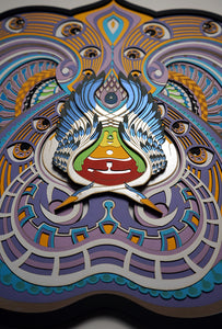 Visionary papercut artwork of a meditating figure with chakras and herons, symbolizing unity, awareness, and transcendence.