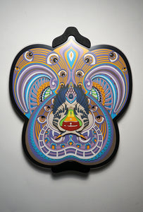 Visionary papercut artwork of a meditating figure with chakras and herons, representing oneness, enlightenment, and cosmic flow.