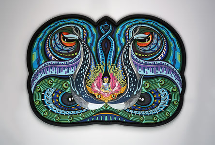 Layered paper art of infant on coral throne with whales and ocean patterns, symbolizing life’s origin and unity.