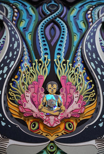 Layered paper art of infant on coral throne with whales and ocean patterns, symbolizing life’s origin and unity.