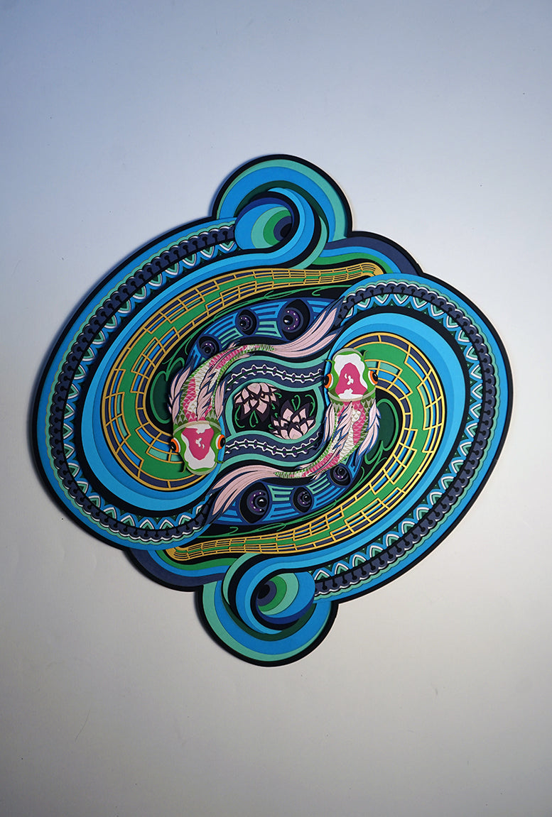 Layered paper art with two koi fish flowing with the grace, symbolizing serenity, letting go and peace of mind.