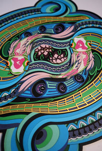 Layered paper art with two koi fish flowing with the grace, symbolizing serenity, letting go and peace of mind.