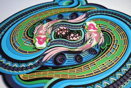 Layered paper art with two koi fish flowing with the grace, symbolizing serenity, letting go and peace of mind.