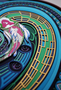 Layered paper art with two koi fish flowing with the grace, symbolizing serenity, letting go and peace of mind.