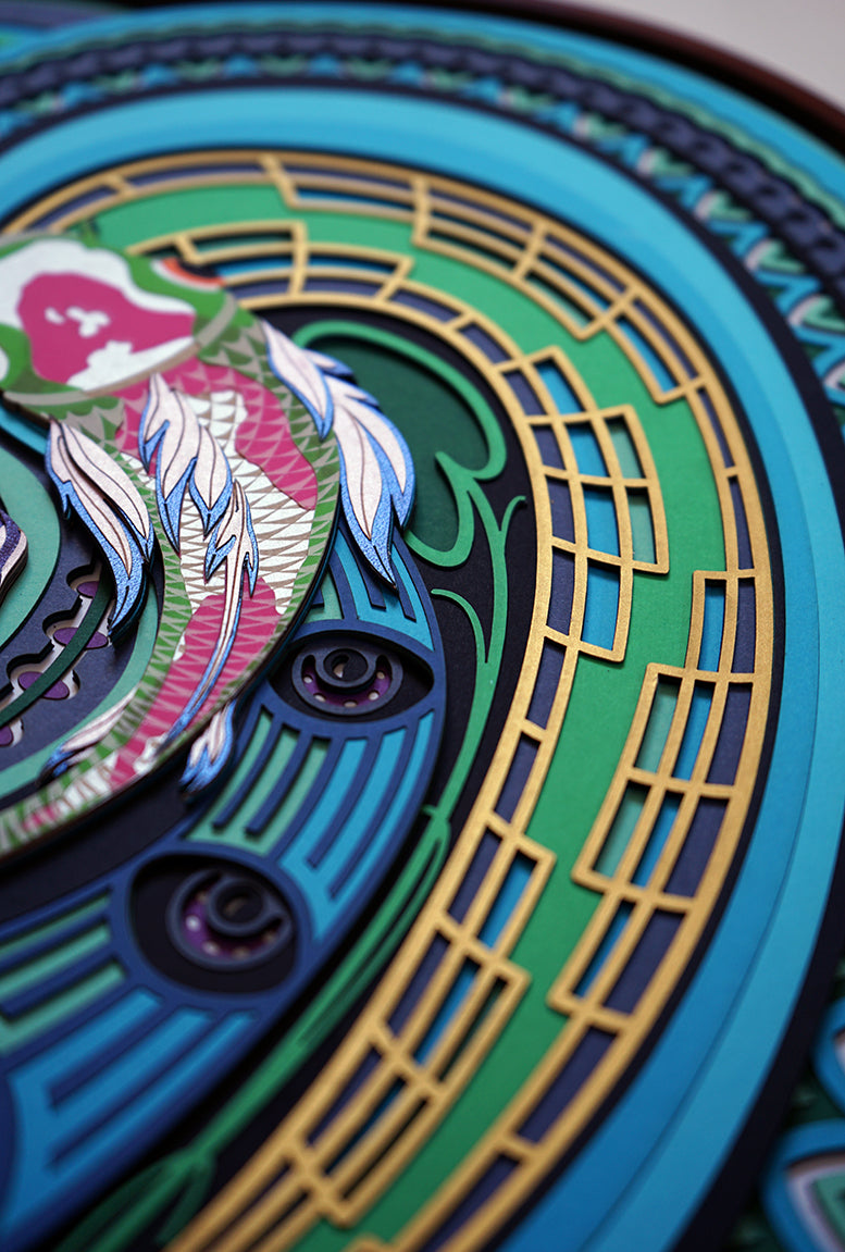 Layered paper art with two koi fish flowing with the grace, symbolizing serenity, letting go and peace of mind.