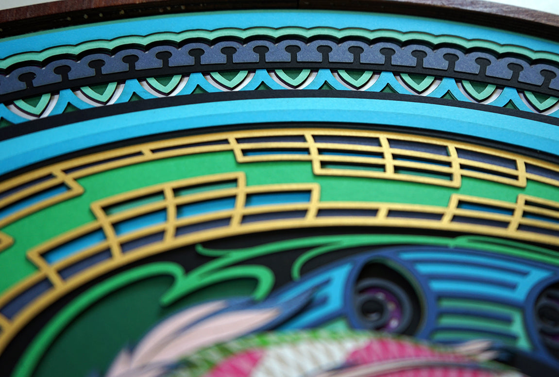 Layered paper art with two koi fish flowing with the grace, symbolizing serenity, letting go and peace of mind.