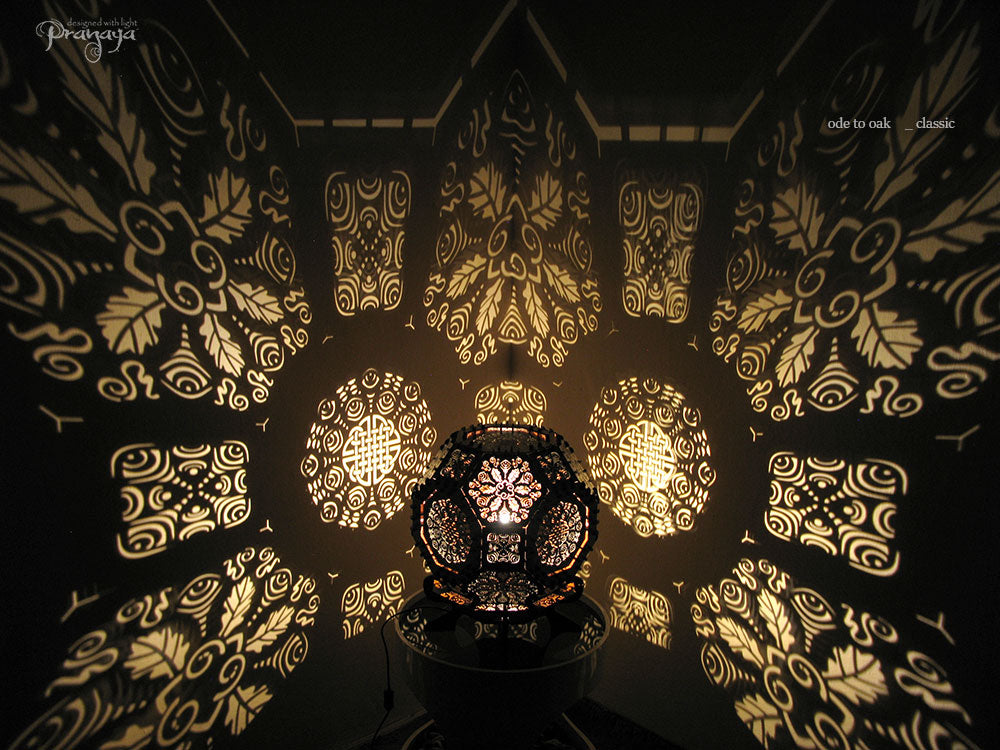 pranaya design decorative geometric wooden ode to oak sacred shadow lamp