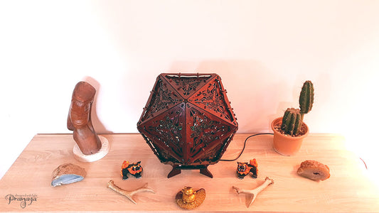 Psychedelic geometric wooden shadow lamp that projects crispy flower reminiscent mandalas onto the walls