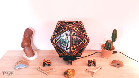 A colorful shadow lamp with a three-petal flower design, projecting vibrant rainbow shadows on the wall