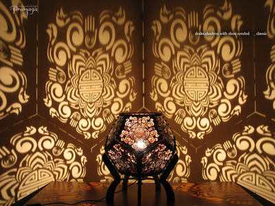 pranaya design wooden decorative spiritual geometric shadow lamp with shou symbol and shaman's hand 
