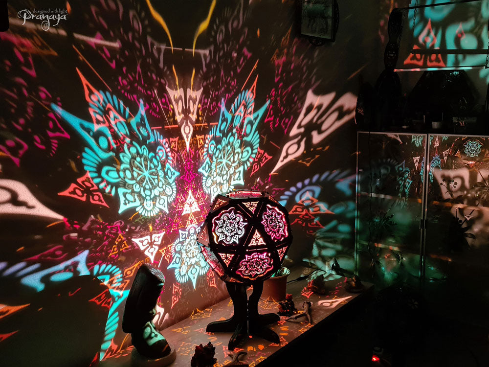 pranaya design and y0y0art's geometric wooden shadow lamp